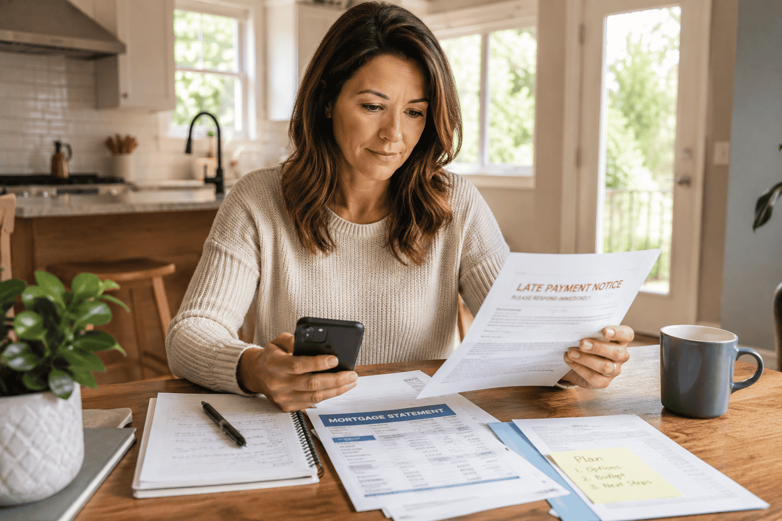 Homeowner reviewing paperwork to understand what happens if you miss a mortgage payment