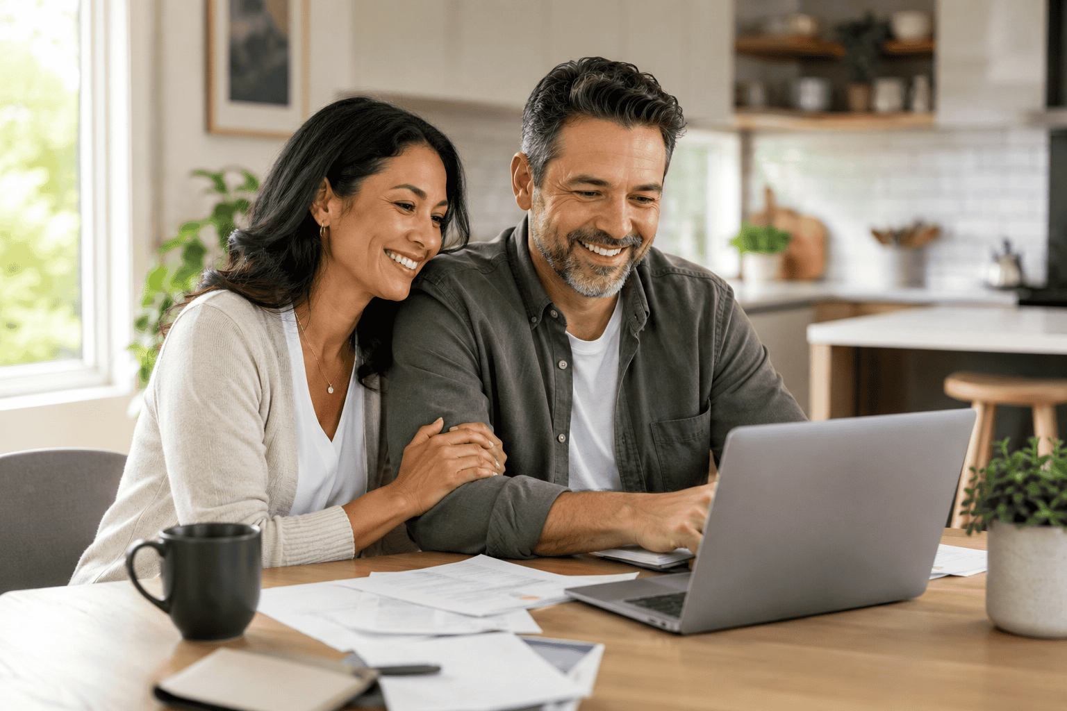 Relieved Ontario couple reviewing their approved bad credit mortgage at home
