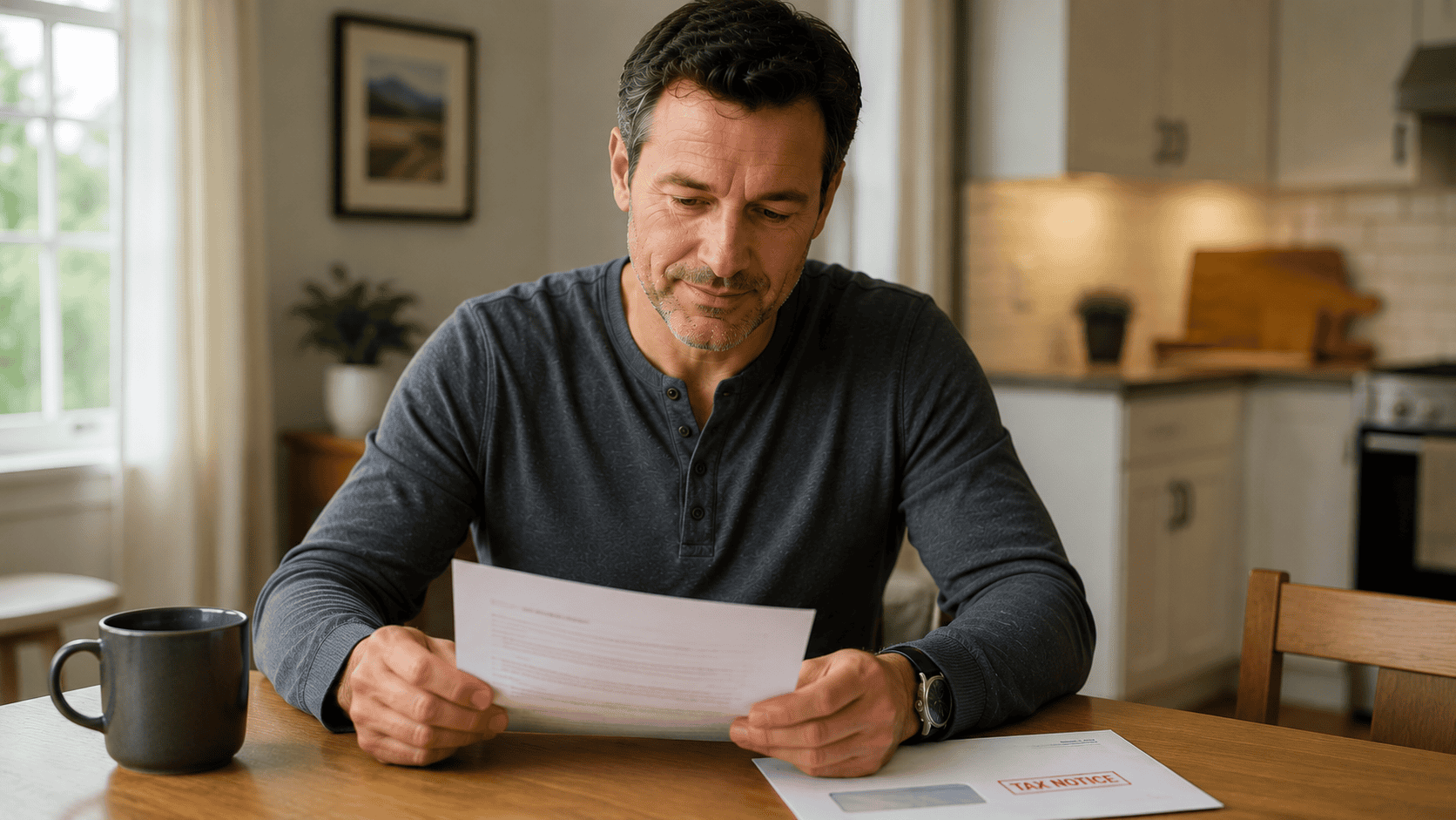 Ontario homeowner reviewing a CRA notice with a sense of relief at the kitchen table