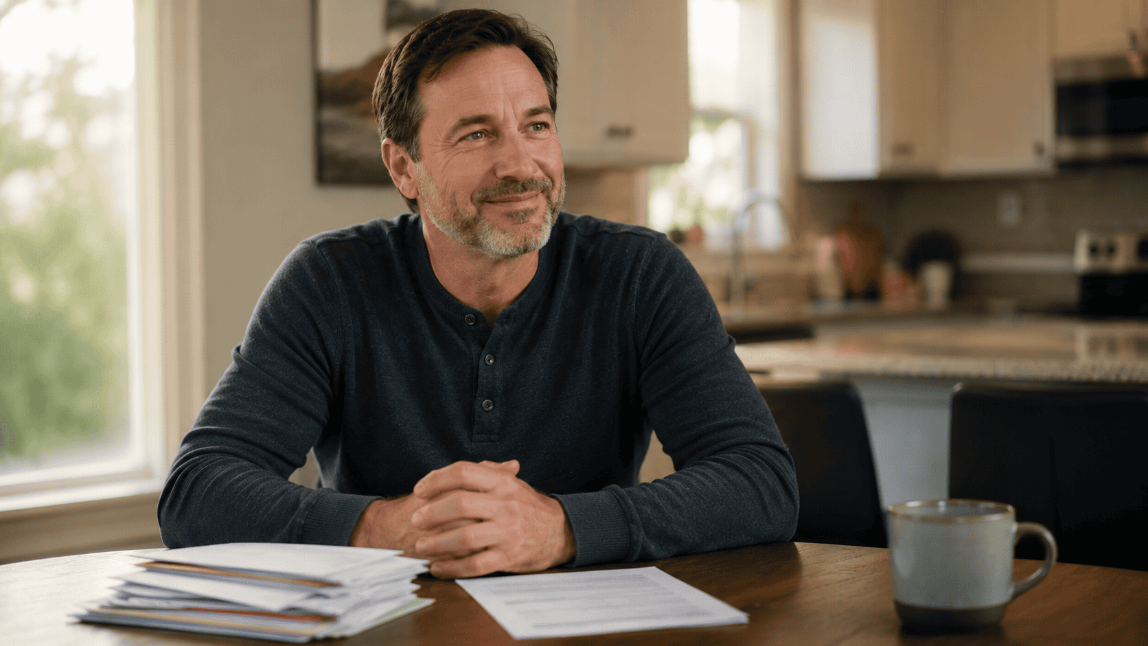 Relieved Ontario homeowner reviewing a debt consolidation mortgage solution at home