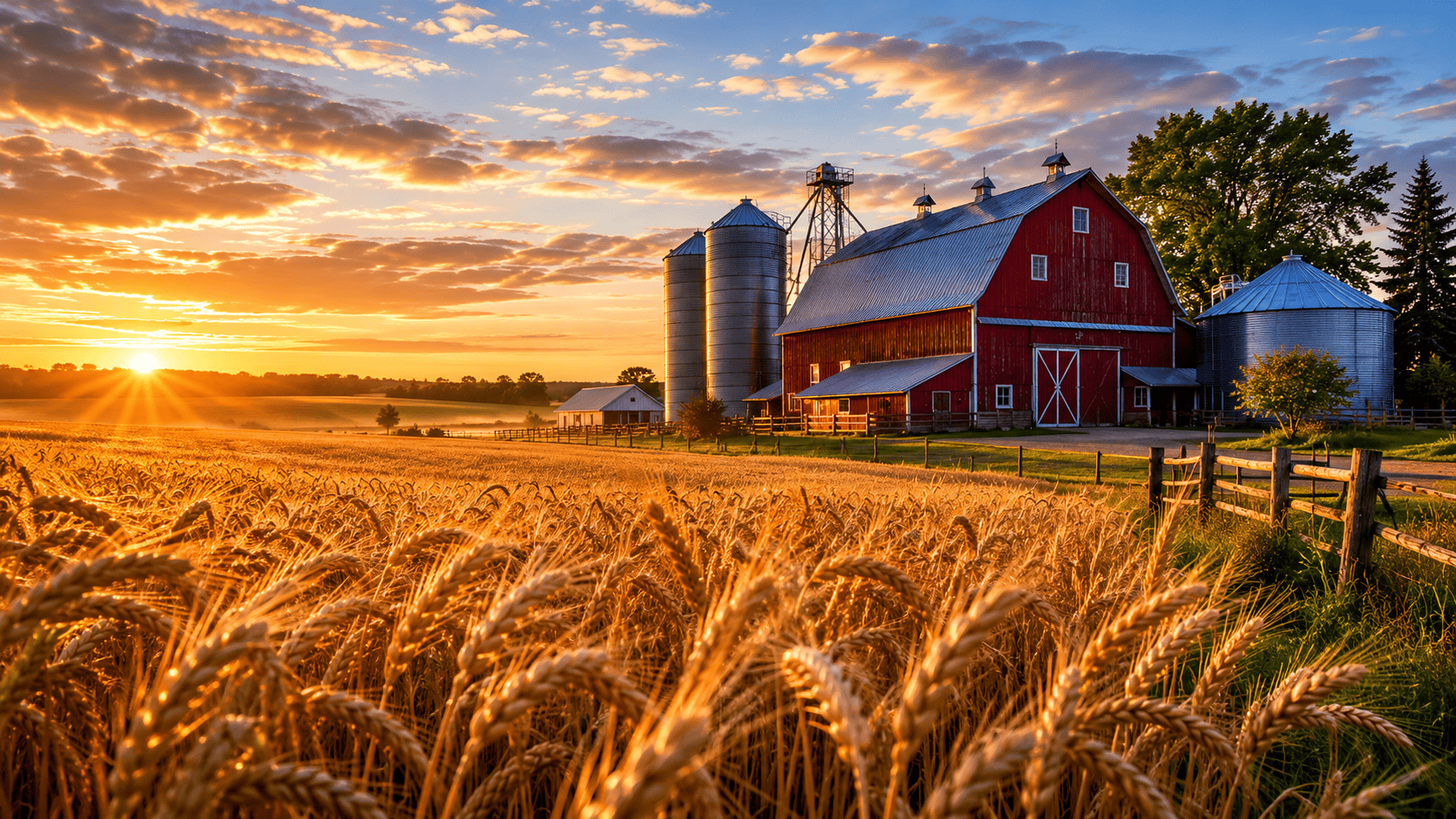 Farm Mortgages in Canada Farm mortgages in Canada for farmland with a red barn and grain silos at sunrise