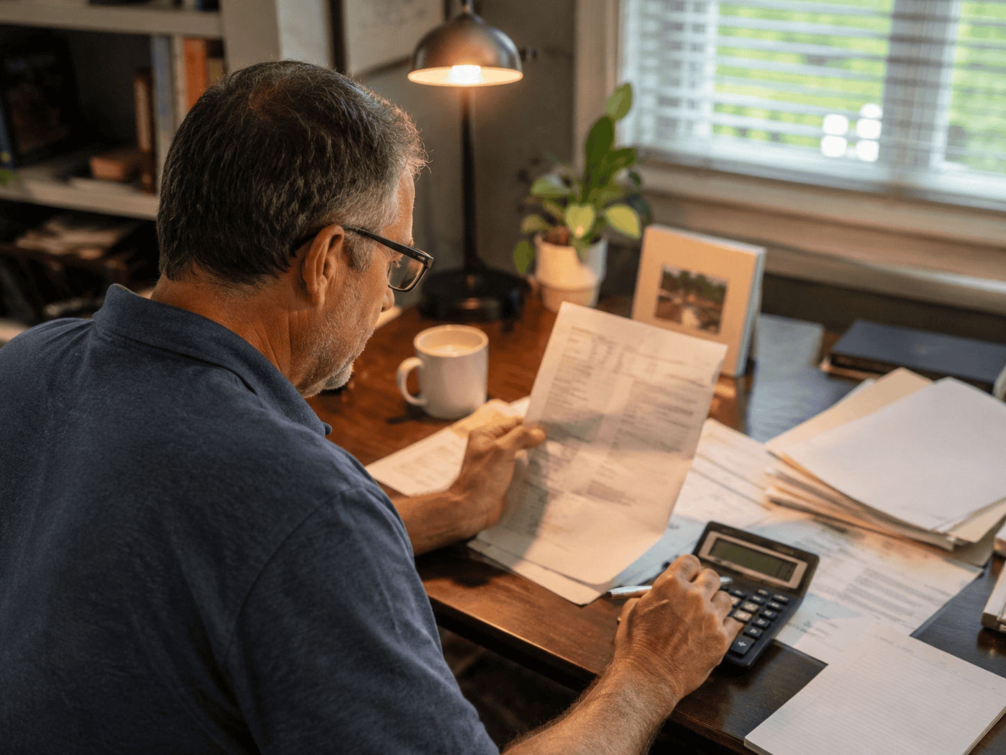 Canadian homeowner reviewing a home equity line of credit statement and planning withdrawals at a desk