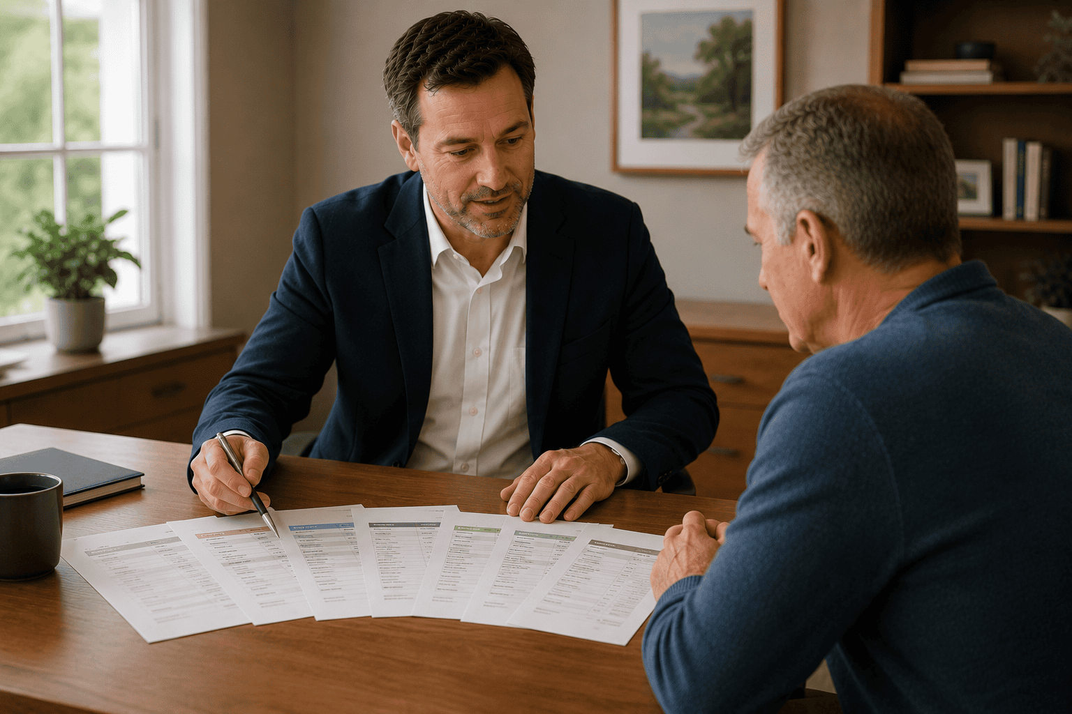 Mortgage broker comparing several lender refinance options spread across a desk