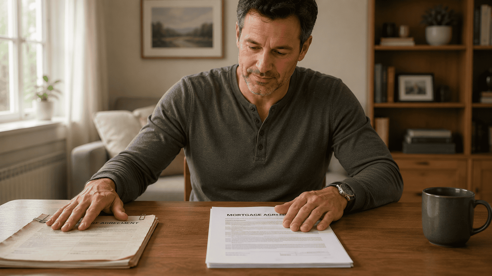 Ontario homeowner reviewing a new mortgage agreement that replaces their old one