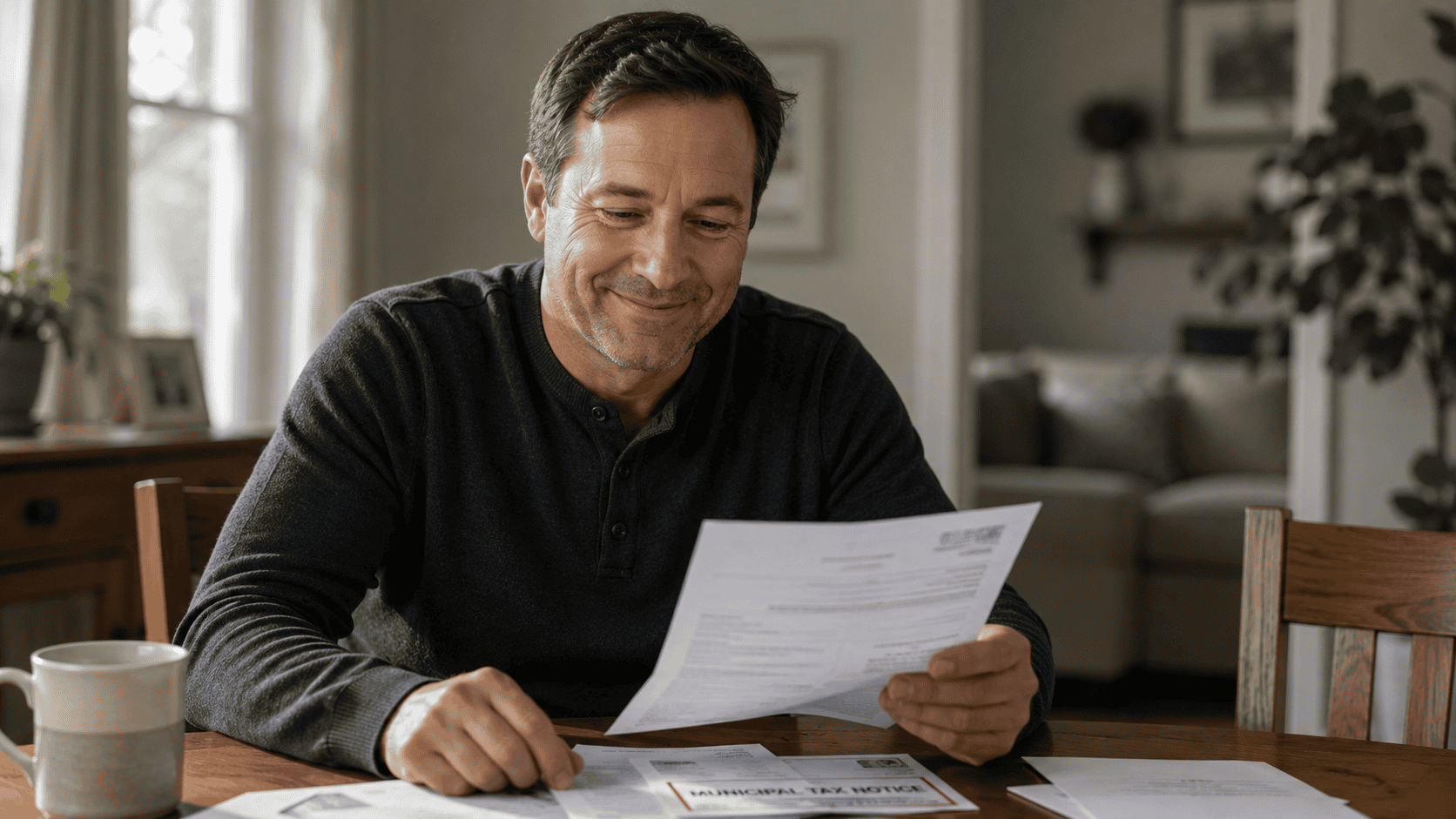 Relieved Ontario homeowner reviewing a property tax arrears solution at home
