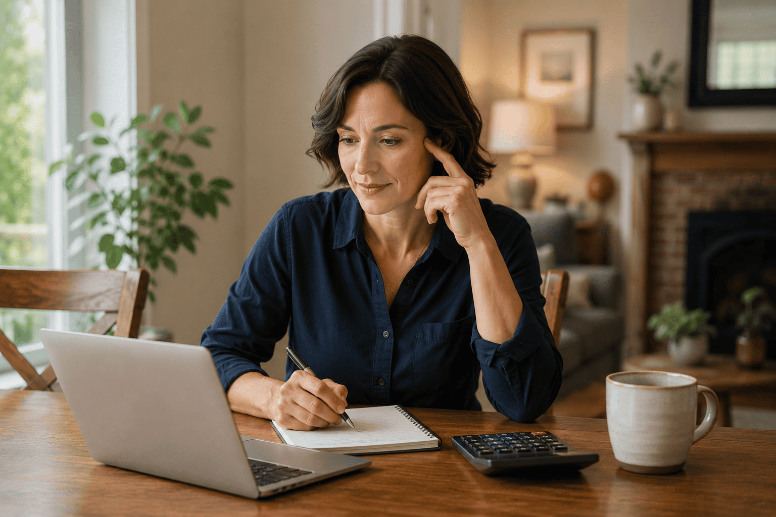 Homeowner weighing sub-prime B lender mortgage options at home