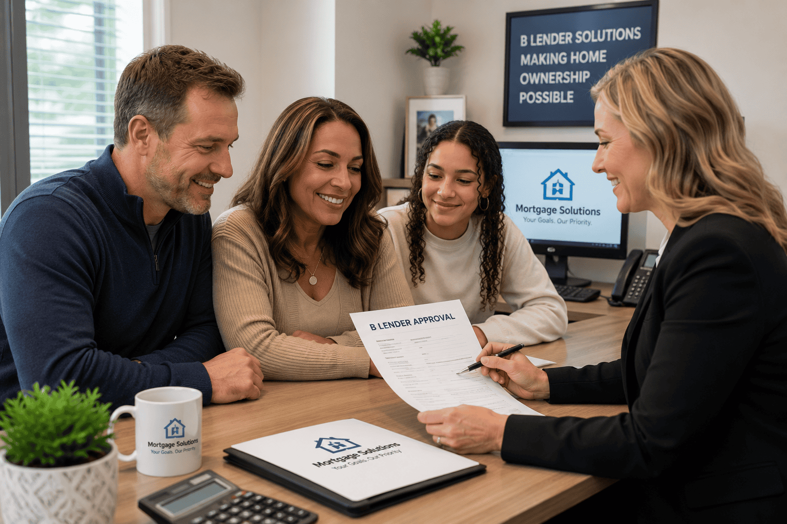 B Lender mortgage Approval Mortgage broker going over a b lender mortgage approval with a young family