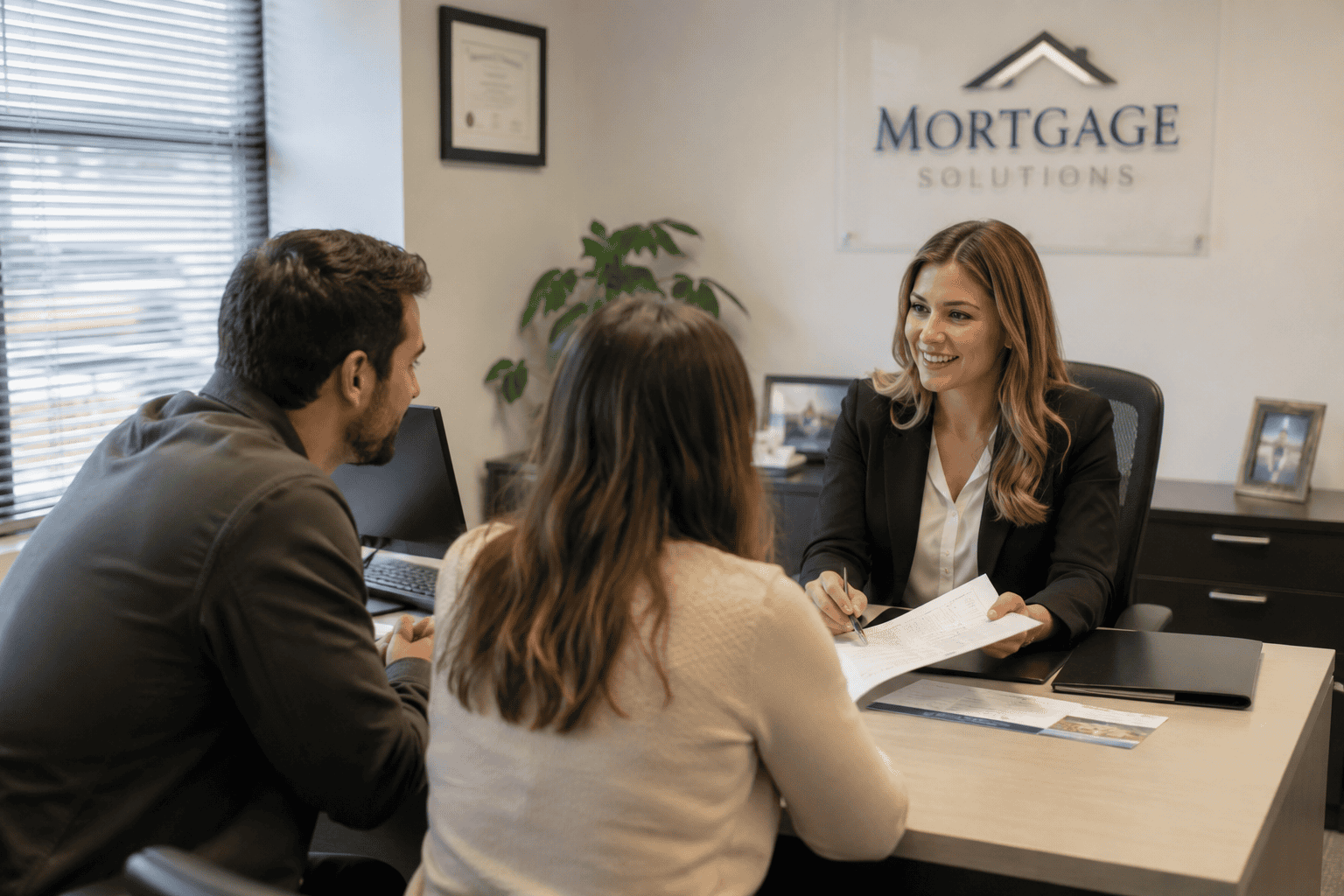 broker working on a bad credit refinancing home loan with a couple