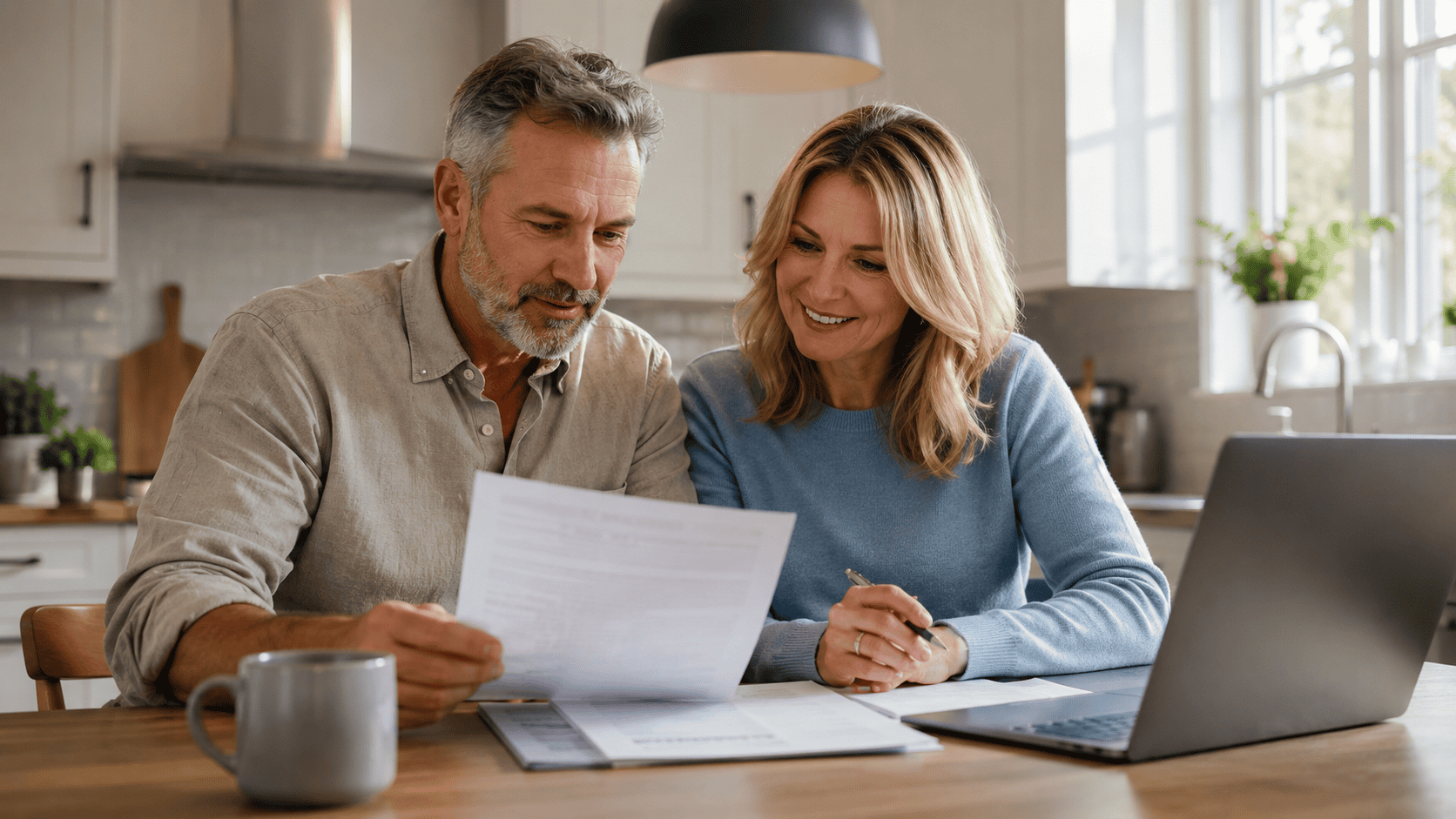 Canadian couple reviewing mortgage renewal options at home in Ontario